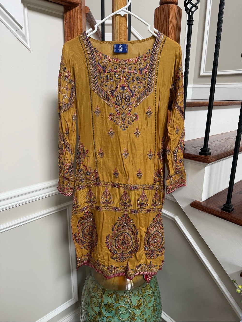 Embroidered Mustard Tunic Dress, shirt, bell-bottom pants and dupatta